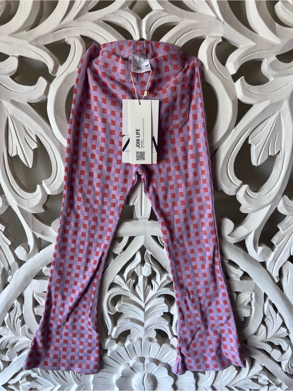 NWT Zara Size 3-4 Pink and Red Check Knit Flare Leggings